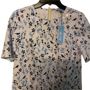Draper James women’s size 0 shirt Floral& Bird Print White Cotton Raw Hem